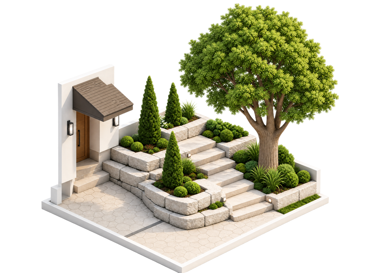 Isometric render of a landscaped garden with stone steps, shrubs and a tree